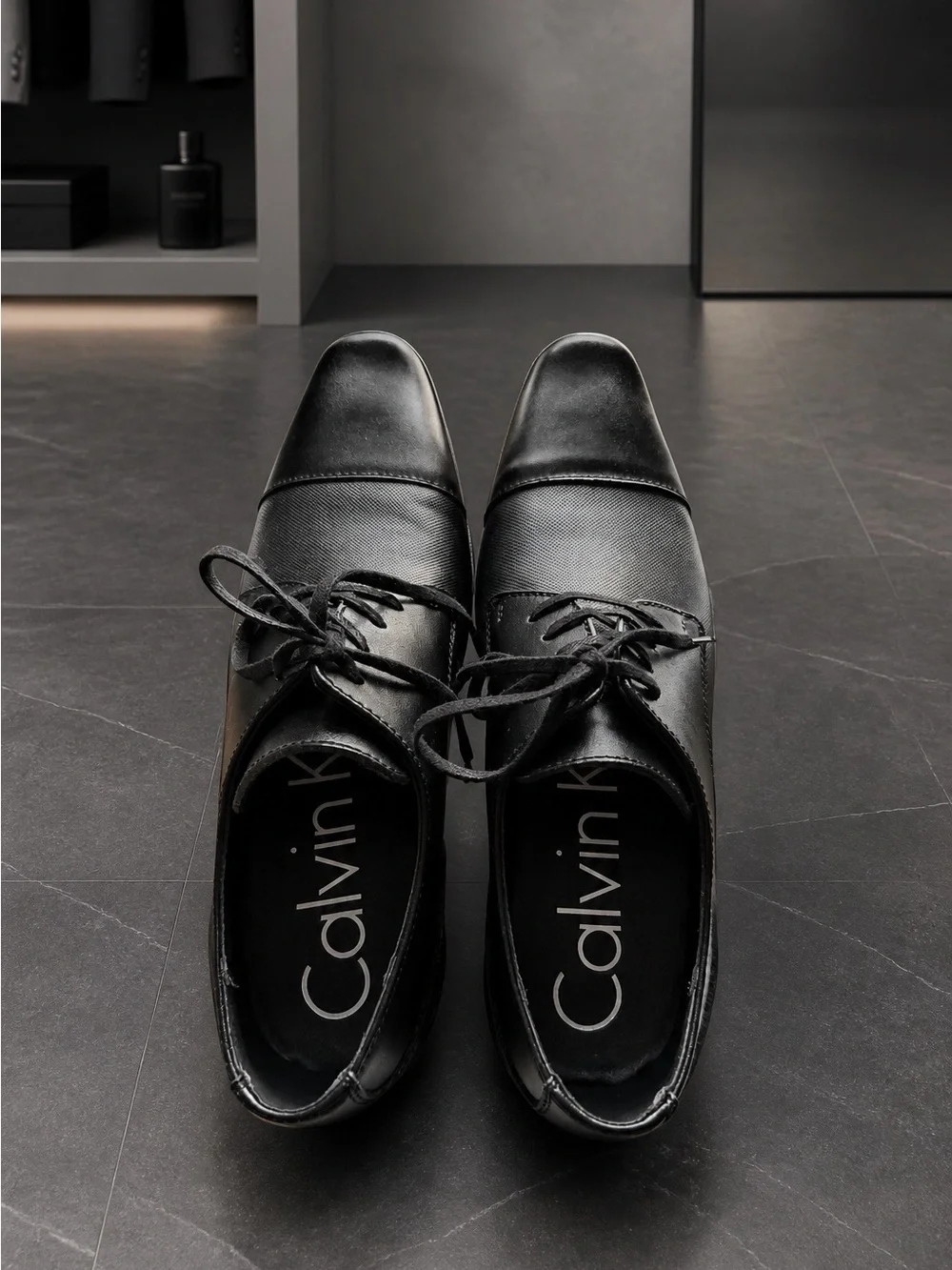 Men's Calvin Klein Leather Bram Oxford Black Lace Up Square Cap-Toe Shoes 9